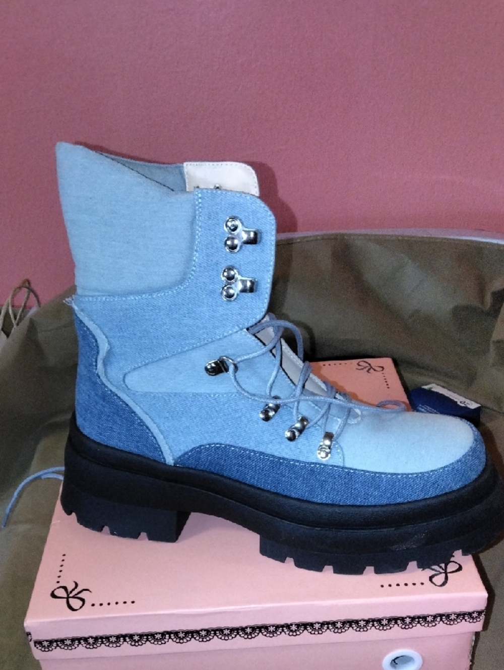 Light Blue Denim Lace-Up Platform Combat Boots